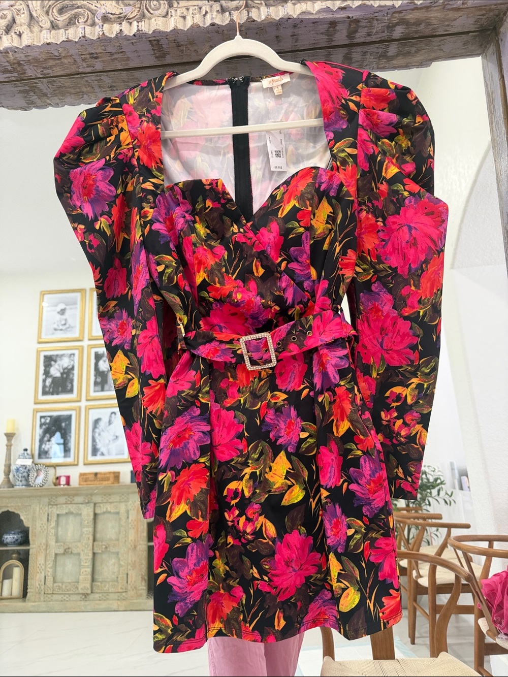 Floral Puff-Sleeve Mini Dress in Black & Fuchsia